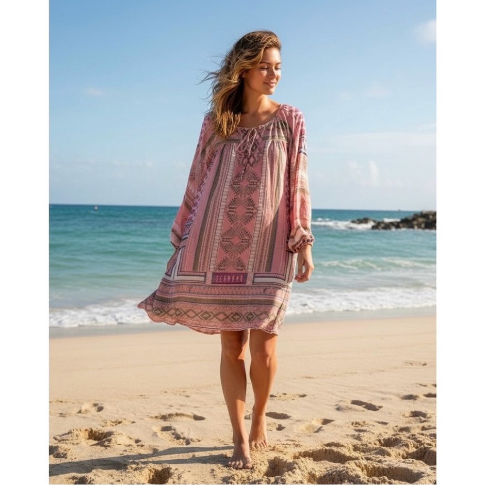 Hale Bob Momoko Silk Boho Mini Dress S Pink Printed Long Sleeve Resort NWT